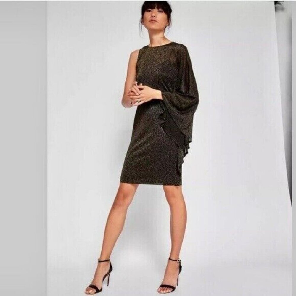 BNWT Ted Baker London Monyca Black Gold Metallic One Shoulder Draped Dress